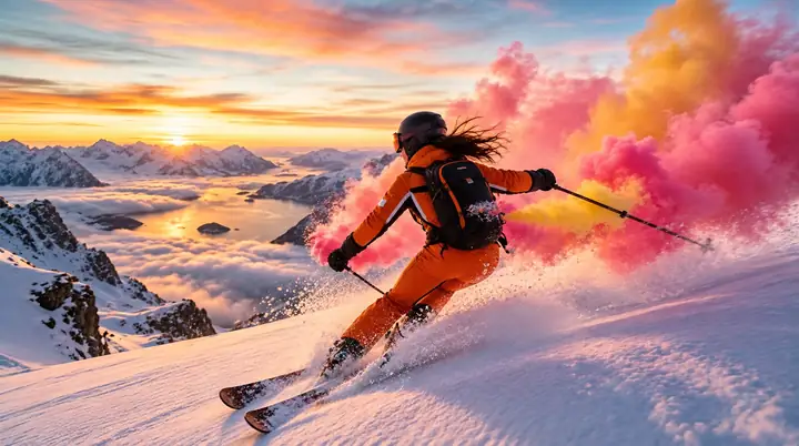 Ein Skifahrer in Orange auf einem verschneiten Berg bei Sonnenuntergang, umgeben von wallendem rosa und gelbem Rauch