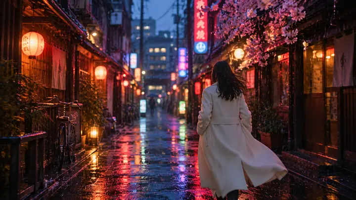 Eine weiß gekleidete Gestalt geht durch eine cineastische, vom Regen erhellte Neon-Gasse