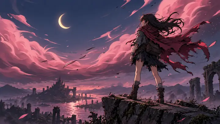 Anime-Figur unter rosafarbenen Wolken und einer Mondsichel