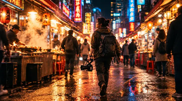 Atmosphärische Stadtszene mit hellen Lichtern und filmischer Tiefenwirkung