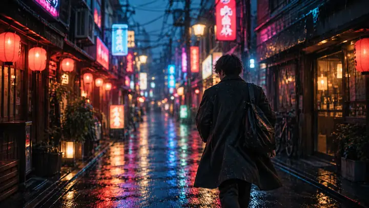 Cineastische Inspiration: Eine Gestalt geht durch eine nasse, von Neonlicht erhellte Gasse