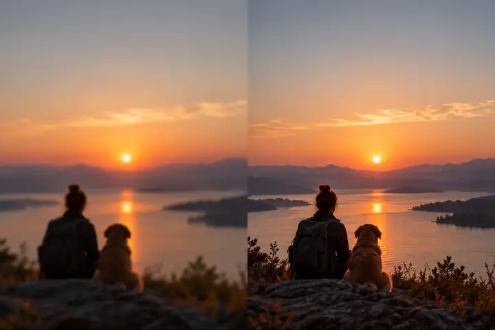 Vergleich weicher und klarer Videobilder bei Sonnenuntergang