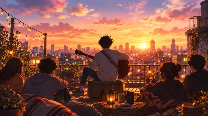 Illustrierte Dachszene bei Sonnenuntergang im farbenfrohen Anime-Stil