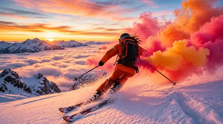 Skifahrer überquert bei Sonnenuntergang einen Berg, umgeben von Wolken aus farbenfrohem Rauch