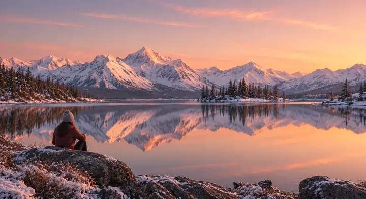 Detaillierte verschneite Berglandschaft und ein reflektierender Alpensee